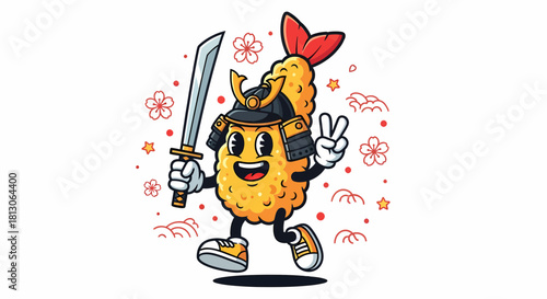 Cartoon Tempura Samurai Character with Sword and Peace Sign.