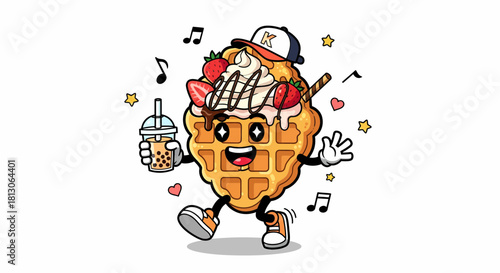 Cartoon Waffle Character Dancing with Boba Tea and Toppings.