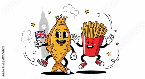 Cheerful fish and chips characters celebrating British culture and cuisine.