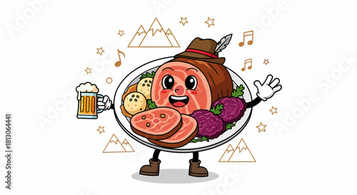 Cheerful German Pork Knuckle Cartoon Mascot Holding a Beer.