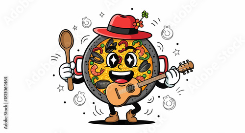 Cheerful Paella Pan Character Playing Guitar and Holding Spoon with Joyful Expression.