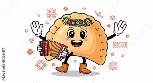 Cheerful pierogi character playing accordion with floral crown and boots.