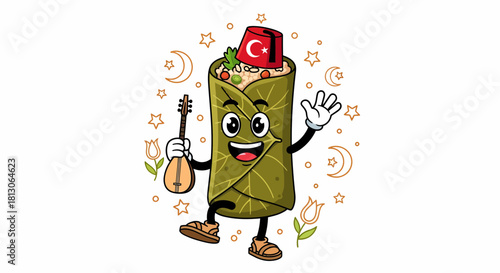 Happy Turkish Dolma Cartoon Character Waving and Playing Saz.