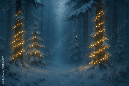 Winter Forest Christmas Landscape with Golden Lights and Snow