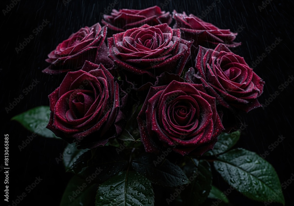 Fototapeta premium Dramatic moody bouquet of wet deep burgundy roses with water drops and rain on dark background