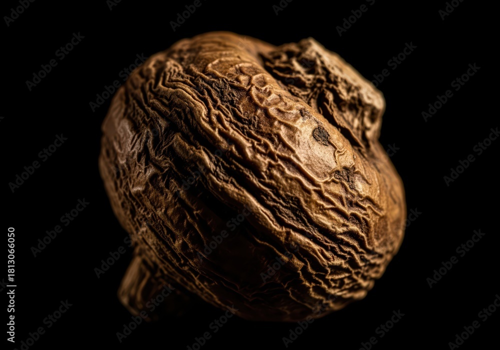Fototapeta premium Dramatic macro shot of dried maca root with intricate wrinkled texture on black background