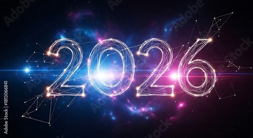 Year 2026 Futuristic Nebula Design Digital Art with Light Streaks and Geometric Shapes