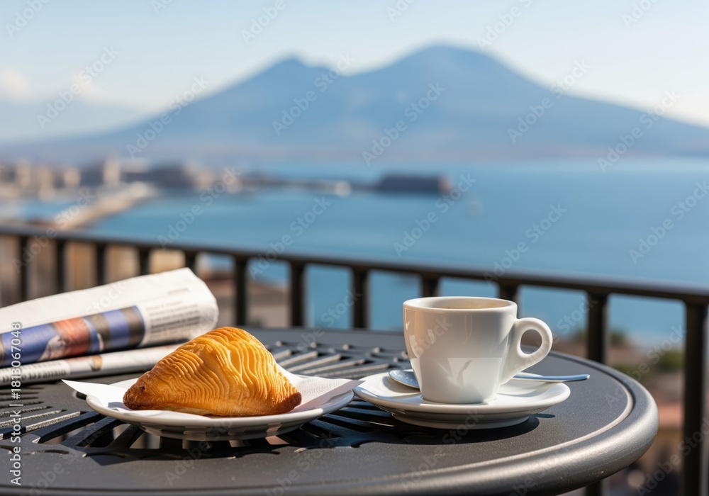 Obraz premium Traditional neapolitan breakfast with sfogliatella and espresso overlooking the bay of naples