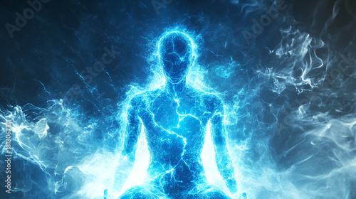 A blue electric aura surrounding a person in a sci-fi setting, their body glowing with electric power, as they harness and control the energy for an intense moment.