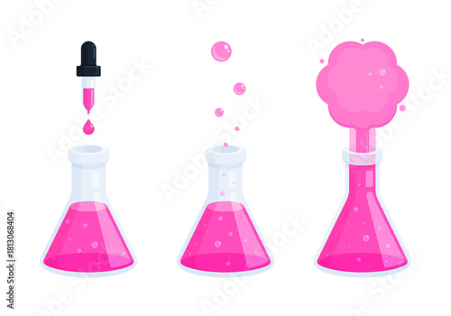 Scientific experiment with Erlenmeyer flask and pink liquid reaction. Chemistry, laboratory research, education, and science, STEM concepts. Flat illustration isolated on white background	
