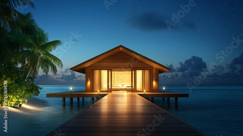 Secluded luxury bungalow night view, illuminated wooden villa over water, tropical serene scene