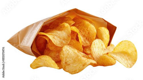  Crispy bag of potato chips with golden texture and savory flavor displayed in high-resolution studio food photography isolated on white background