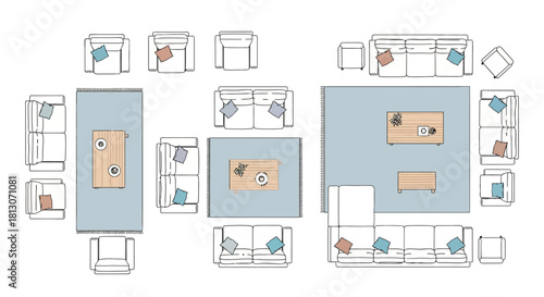 top view floor plan furniture layout illustrating a modern living room arrangement with various seating coffee tables and rugs ideal for interior design and home decor concepts.