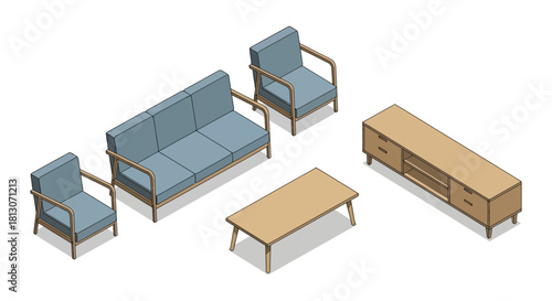 modern living room furniture isometric view sofa armchairs coffee table tv stand. perfect for interior design home plans.