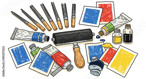 linocut printmaking tools ink tubes brayer and colorful block prints illustrating the creative process of traditional art craft.