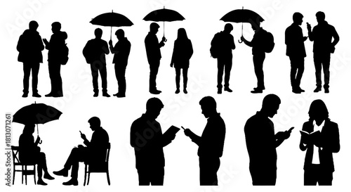 people silhouettes with mobile phones tablets and umbrellas depicting modern urban social interactions and digital connectivity lifestyle.
