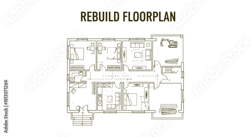 rebuild floorplan of a residential house layout detailed with furniture and construction elements for architectural renovation plans.