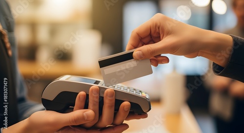 Close-up of a customer's hand making a secure cashless payment with a credit card at a point-of-sale terminal, emphasizing modern retail transactions and convenience