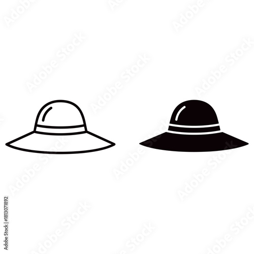 Two sun hats, one in outline and one in silhouette isolated on white background
