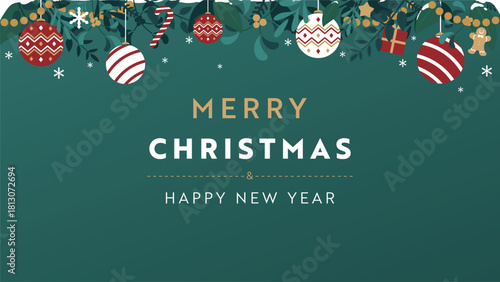 クリスマスオーナメントで飾られたクリスマスの背景テンプレート（緑）　Christmas background template decorated with Christmas ornaments (green)
