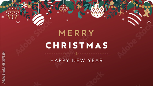 クリスマスオーナメントで飾られたクリスマスの背景テンプレート（赤）　Christmas background template decorated with Christmas ornaments (red)