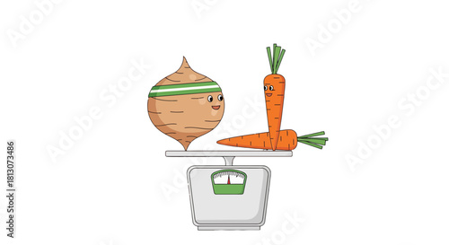 Vegetable Cartoons On Scales: Funny, Dieting, Healthy Eating, And Nutrition Concepts