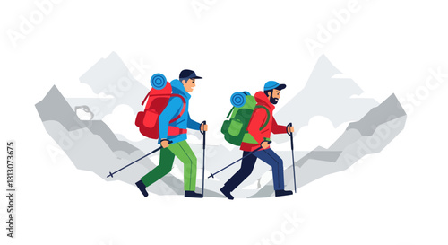 Two Figures Hiking Up The Mountain Terrain, A True Trekking Adventure Journey