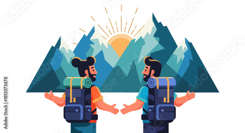 Two Friends Reaching Towards Mountains During Sunrise Hiking Expedition Adventure