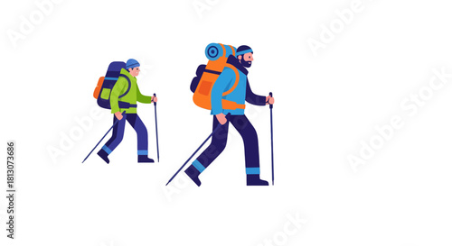 Two Hikers Embark on Adventure Through Mountains Depicted in Colorful Illustrated Style