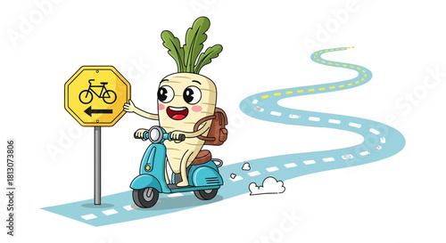 Vegetable Adventurer on Stylish Scooter with Directional Sign Driving on Winding Road