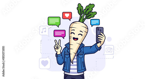Vegetable Character Joyfully Takes a Selfie and Shares Social Media Engagement