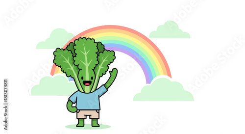 Vegetable Character Joyfully Greeting Under a Colorful Rainbow With Fluffy Clouds