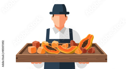 Vendor Presenting Delicious Papaya and Fruit Cubes on a Wooden Tray for Sale