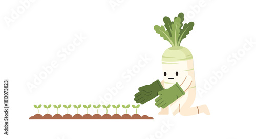 Vegetable Character Nurturing Small Plants in a Field on Dark Background Scene
