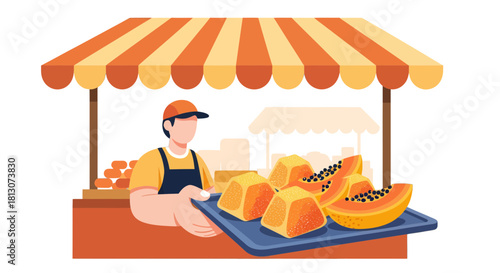 Vendor Presenting Fresh Fruits at a Street Market Stall Perfect for Refreshing Summer Pleasure