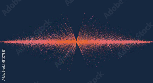 A vibrant abstract visualization displays a symmetrical burst of countless tiny red particles spreading horizontally across a deep blue background, evoking digital data or energy flow.