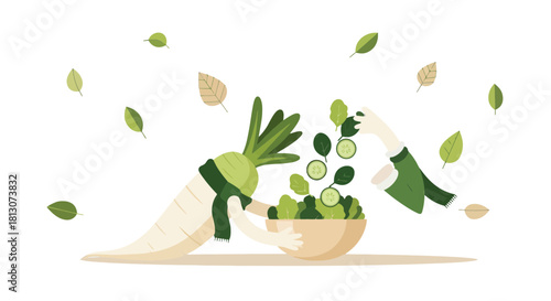 Vegetable Friends Preparing Fresh Green Salad in An Elegant, Stylish, And Whimsical Illustration