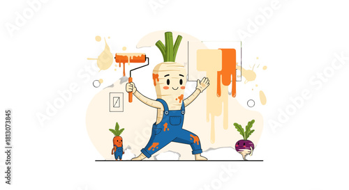 Vegetable Character Paints Wall and Creates Cheerful, Artistic Composition