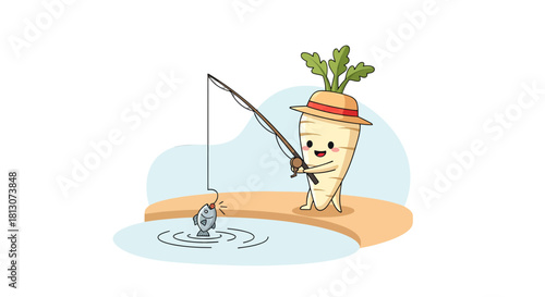 Vegetable Angler Fishing Fish In The Lake Enjoying Sunny Day Cartoon Illustration