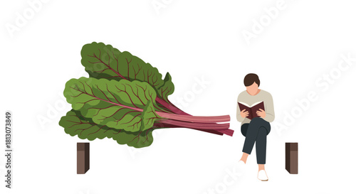 Vegetable And Reader Depicted On A Bench Against A Black Backdrop
