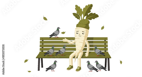 Vegetable Character Relaxing On Bench With Pigeons During Autumn Season