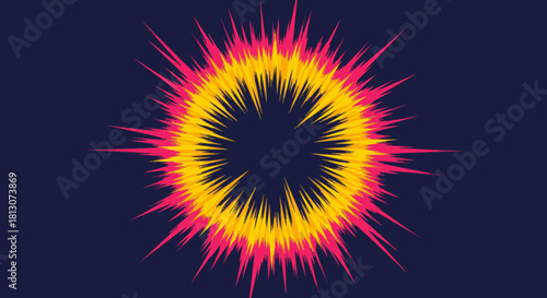 This vibrant abstract graphic showcases a spiky circular burst of energy in yellow, orange, and pink, set against a deep blue, ideal for modern design projects.