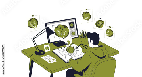 Vegetable Illustration: Artist's Digital Art Render and Hand Drawn Lettuce Study