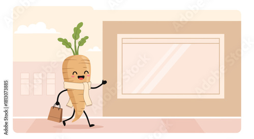 Vegetable Character Shopping In An Urban Setting With Cheerful Expressions