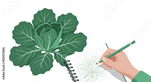 Vegetable Illustration: Artist's Sketch of Green Cabbage against Black Backdrop