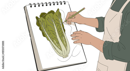 Vegetable Illustration: Artist's Hands Sketching Fresh Green Produce in a Notebook
