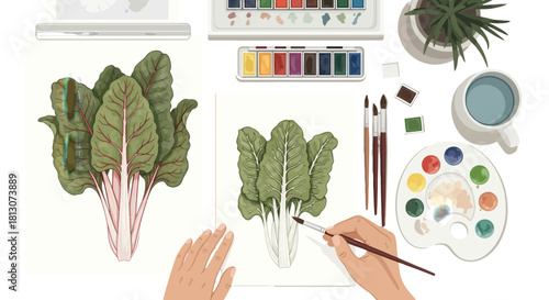 Vegetable Illustration: Artist's Impression of Swiss Chard on Work Table