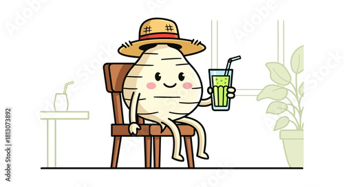 Vegetable Character Relaxing With Juice in A Sunny Hat While Seated in A Room