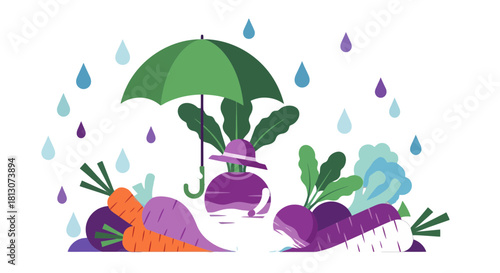 Vegetable Garden's Tranquil Rainy Day: A Whimsical Illustration Of Nature's Embrace