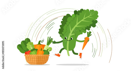 Vegetable Character Running with a Carrot and Basket of Produce Against Black Background